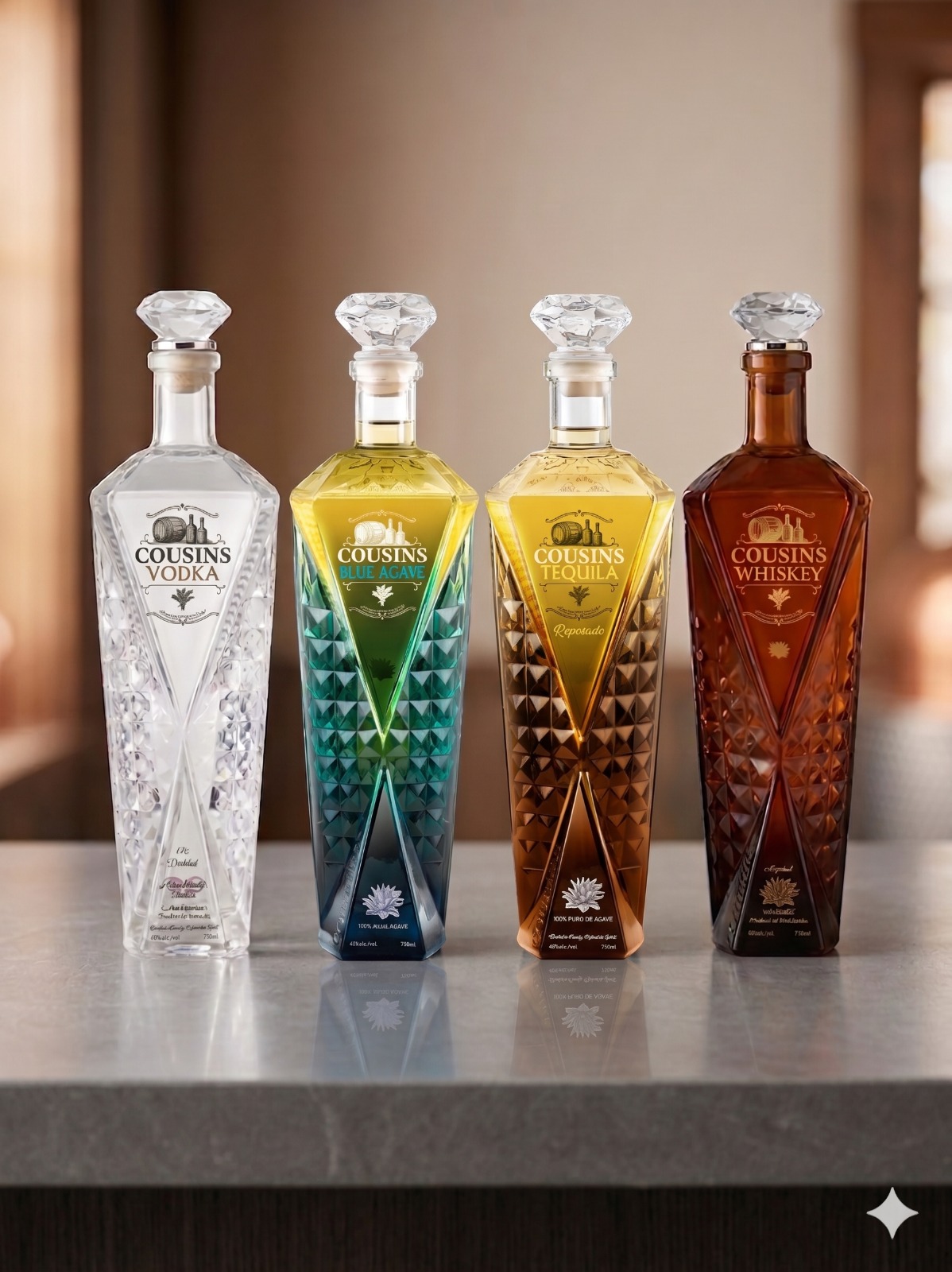 Cousins spirits collection — vodka, blue agave, tequila, and whiskey
